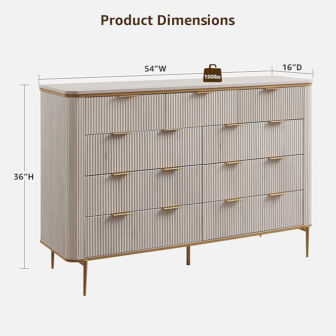 T4TREAM Fluted 9 Drawers Dresser, Modern Wooden Top Chest of Drawers with Curved Profile Design, Dresser TV Stand Drawer Organizers for Bedroom, Living Room, Hallway(White Alder)