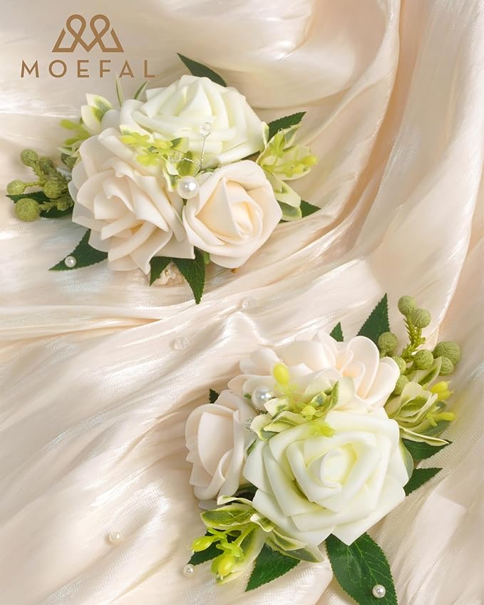 2 Pcs Artificial Flower Wrist Corsage Set, Elastic Wristlet for Prom Wedding Bridesmaid Homecoming Party Anniversary Decoration (Wht-White & Ivory)