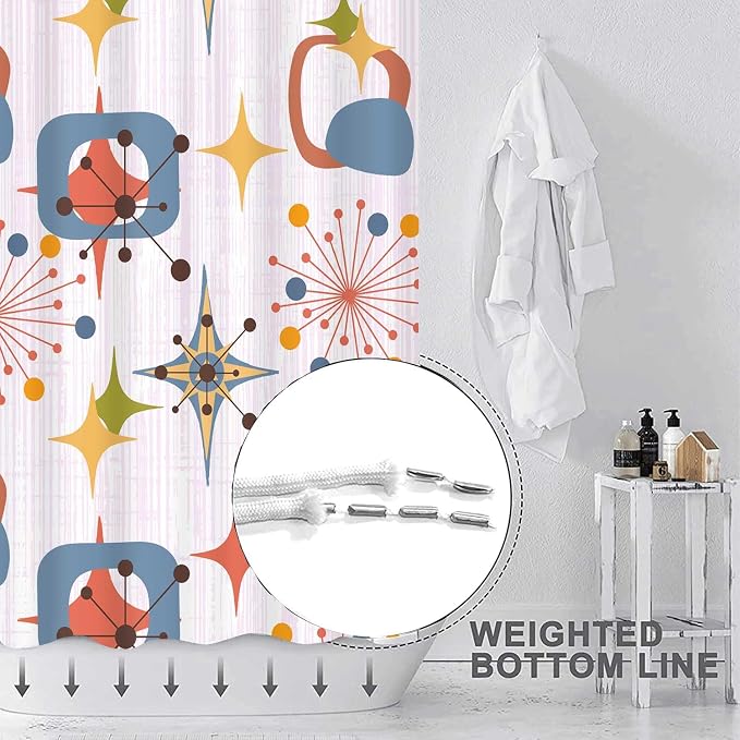 Mid Century Shower Curtain, 72x72inch, Modern Abstract Retro Pink Striped Geometric Shower Curtain Sets 1950s Boho Bathroom Shower Curtain with 12 Hooks
