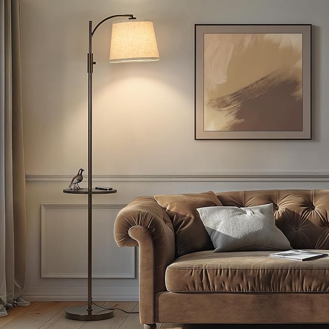 AIDENOEY Fully Dimmable Floor Lamp for Living Room，Standing Lamp Rotary Switch with Table&Linen Beige Shade，Brown Tall Lamps for Bedroom with Adjust Head，9W LED Bulb Included