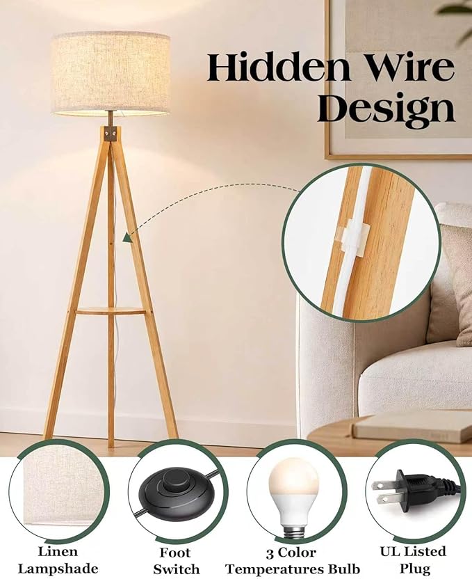 ELYONA Wood Floor Lamp for Living Room, Japandi Tripod Standing Lamp with Linen Shade & Wood Tray Table, Shelf Floor Lamp for Bedroom, Office, Dining Room, LED 3 Color Temperatures 9W Bulb Included