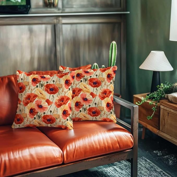 Floral Throw Pillow Covers Set of 2 | Poppy Flower Print Decorative Cushion Cases for Couch, Sofa, Living Room and Bedroom | Square 18x18 Inches | Zipper Closure Pillowcases