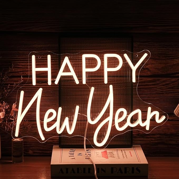 Happy New Year Neon Sign Warm White Happy New Year Neon Light Powered by USB for Wall Decor LED New Year Neon Light Sign for Living Room New Year Christmas Party Business Decor