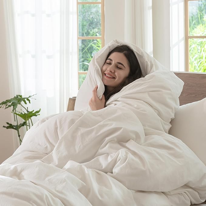 MooMee Bedding Duvet Cover Set 100% Washed Cotton Linen Like Textured Breathable Durable Soft Comfy (Solid Off White, Twin 68"x90")