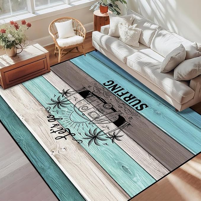 Surfing Area Rug Beach Van Palm Tree Carpet Retro Wood Grain Striped Rugs Non Slip Washable Floor Mat for Entryway Bedroom Living Room Nursery Playroom Home Decor,3'x5'