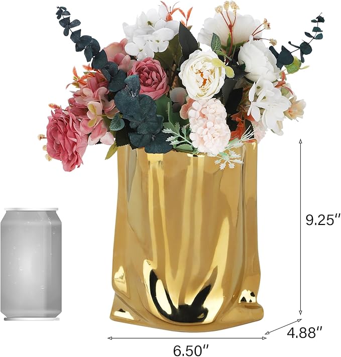 VanEnjoy Large Gold & Silver Ceramic Vases - Wide Mouth Home Decor, Chrome Handbag Vase