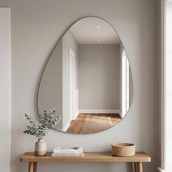BEAUTYPEAK Asymmetrical Mirror, 20 x 30 Inches Irregular Wall Mirror, Wood Frame Unique Shape Wall Mounted, Decorative for Living Room Bedroom Entryway Hallway