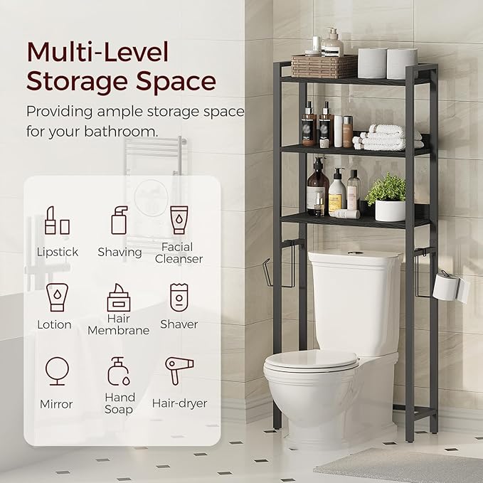 MAHANCRIS Over The Toilet Storage Rack, 3 Tier Bathroom Organizer Over Toilet, Freestanding Space Saver Toilet Stand with 2 Hooks, Bathroom Storage Shelf, Easy to Assemble, Black TSBK6001