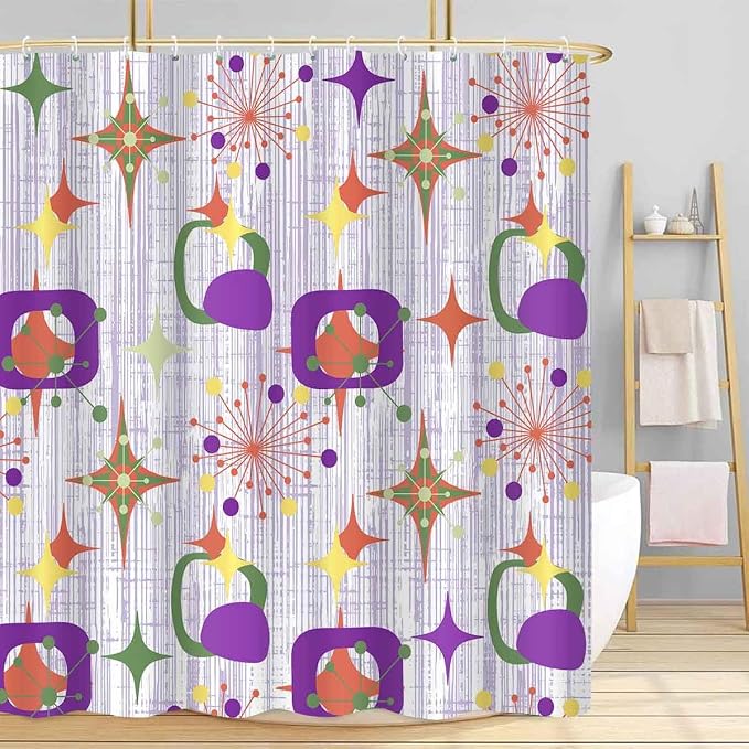 Mid Century Shower Curtain, 60x72inch, Modern Abstract Retro Purple Striped Geometric Shower Curtain Sets 1950s Boho Bathroom Shower Curtain with 10 Hooks