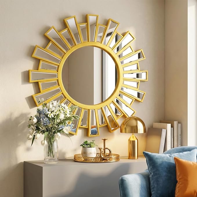 Gold Large Sunburst Wall Mirror - 24 inch Round Beveled Sun Mirror with Layered Metal Frame for Wall Decorative Modern Boho Wall Art for Entryway Bedroom Living Room Hallway Bathroom Dining Room