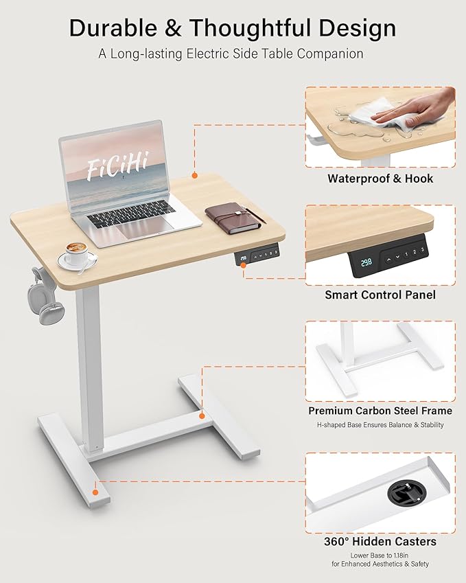 FiCiHi Small Electric Standing Desk - Adjustable Height Bedside Laptop Table with Wheels, Mobile, Portable Rolling Computer Cart,Movable, Home Office, Sofa, Couch Use(24x16,Maple)