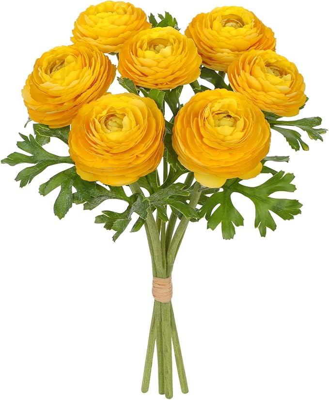 Hollyone 7 Heads Ranunculus Artificial Flowers Yellow Fake Ranunculus Small Bouquets Silk Flowers Faux Floral Centerpieces Arrangements for DIY Home Decor Wedding Party Bridal Shower Decorations
