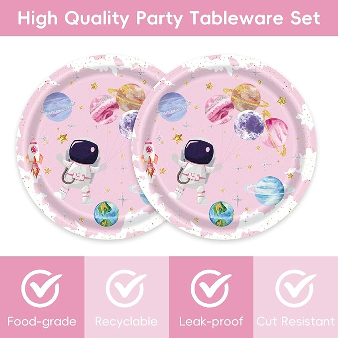 48pcs Pink Space Party Decoration Set,16 Dessert plate,16 Napkin And 16 Fork,16 persons Disposable tableware,Used Galaxy Space Planet Astronauts Birthday Party Supplies (Multicolor 18)
