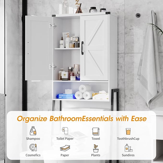 Vabches Over The Toilet Storage Cabinet with 2-Door Design Bathroom Organizers and Storage with Anti-Tip Device Over Toilet Organizer with Shelves for Bathroom,Restroom,Laundry White