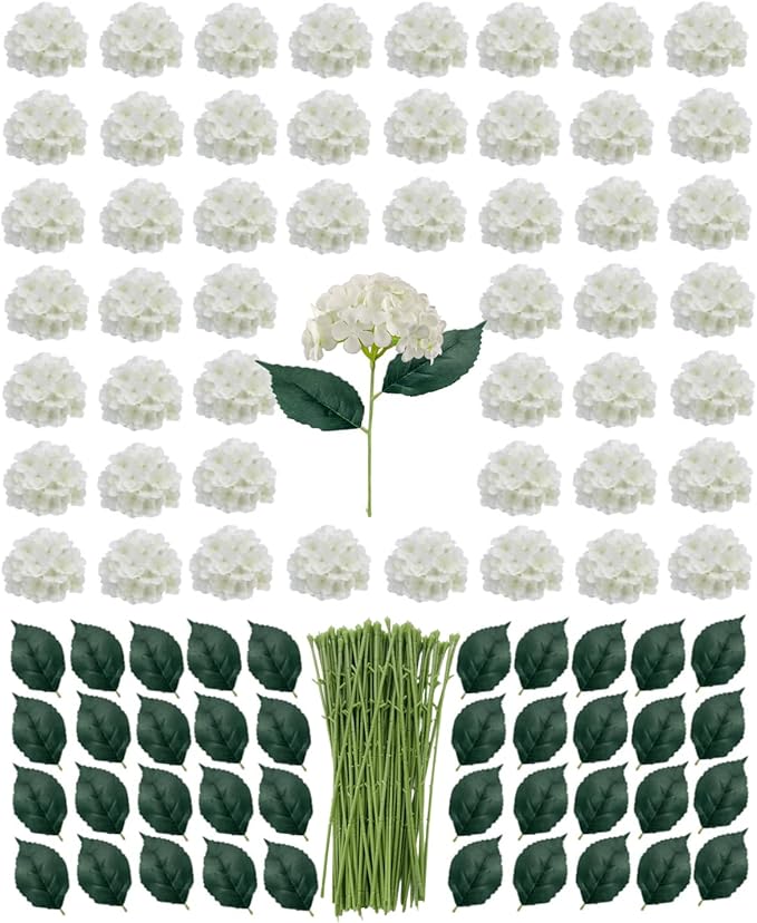 Artificial White Hydrangea Flowers with Leaves, 50 Pack, 6 Inch Silk Flower Heads, DIY Mother's Day Wedding Decor Set with 100 Leaves, 50 Stems