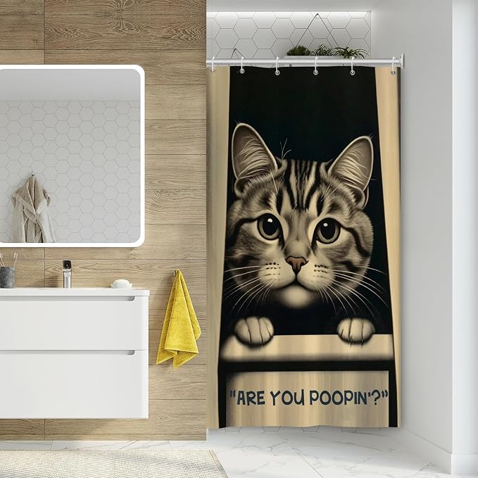 Cat Shower Curtains Cute are You Poopin' Funny Humorous Animal Whimsical Bathroom Curtain Curious Joke Cat Shower Curtain Sets for Bathroom Extra Long 54x72 in with 10 Hooks
