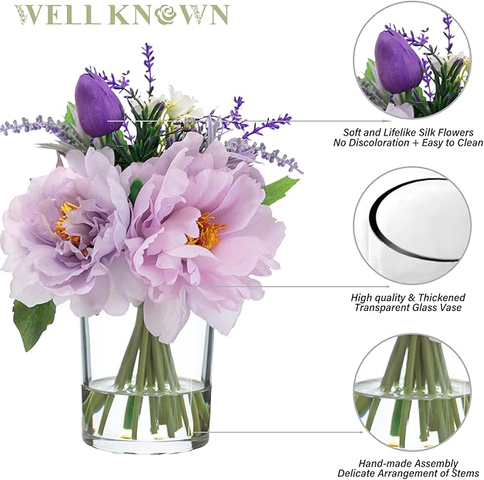 WELL KNOWN Artificial Flowers in Glass Vase with Fake Water, Silk Peony Fake Tulip Bouquet for Home Dinning Tea Table, Office Desktop, Hotel, Wedding, Party, Lavatory Decor & Gift (Lavender Purple)