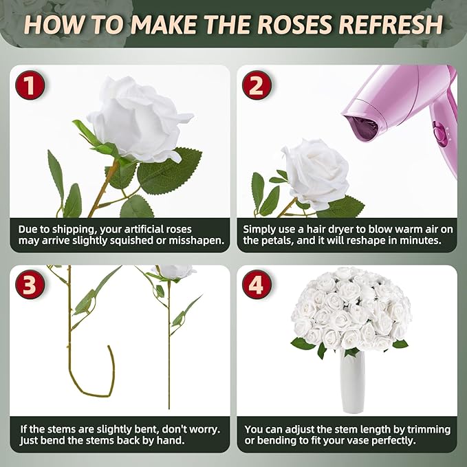 White Roses Artificial Flowers 50 Pack in Bulk, Fake Roses Flowers Realistic Roses for Wedding Home Party Decoration Event Gift (White)