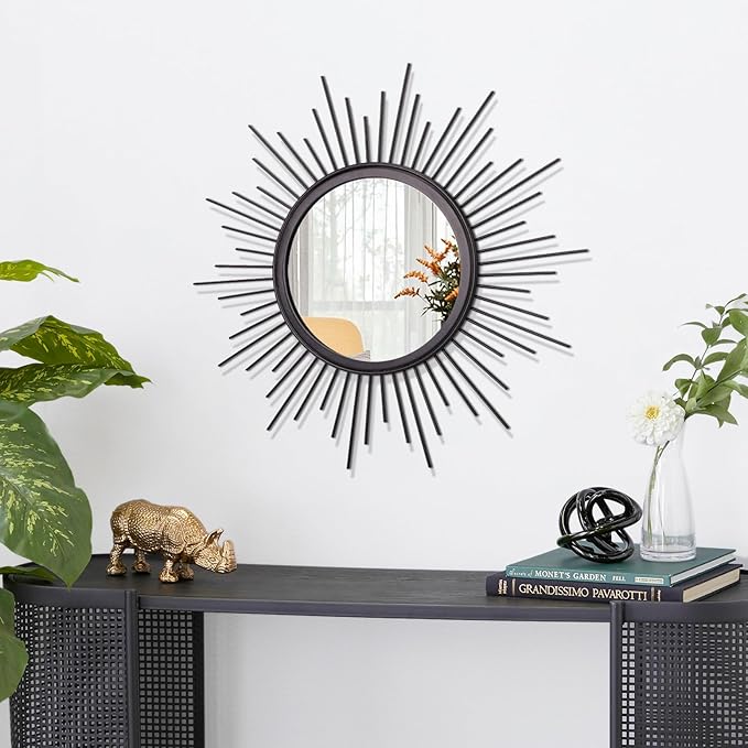 Black Sunburst Spoked Mirrors for Wall Boho Home Round Wall Art Mirror Classic Metal Modern Hanging Mirror Living Room Hallway Bathroom Bedroom Office Vanity Entryway 16"
