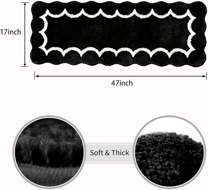 Scalloped Black Bathroom Rugs Mat,Shaggy Soft Non Slip Absorbent Quick Dry Bath Mats for Shower Room,Plush Microfiber Bath Rug for Bathroom Floor Carpet for Shower Tub Sink Bedroom,17"x47"