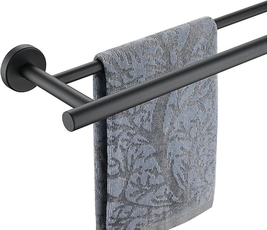 JQK Double Towel Bar Black, 15 Inch 304 Stainless Steel Thicken 0.8mm Towel Rack Holder for Bathroom Washcloths and Hand Towels, Matte Black Wall Mount, Useable Length 12 Inch, TB100L12-PB