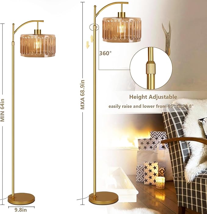 QIYIZM Glass Floor Lamp for Living Room,Bedroom,Gold Dimmable Standing Lamp with Remote,Mid Century Modern Brass Tall Lamp Boho Vintage Retro Floor Lamps Arc Amber Flower Floor Light Lamp Bohemian