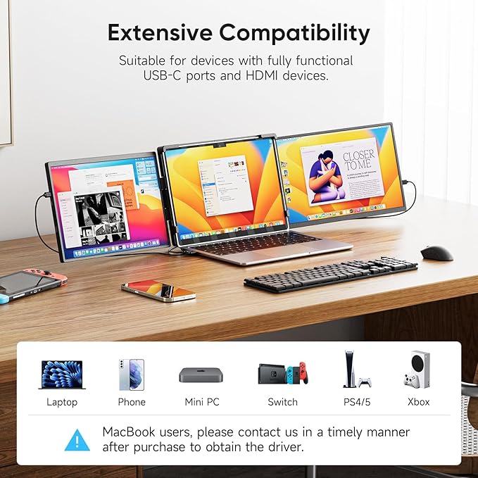 Omiodo 14" Laptop Screen Extender,FHD 1200P IPS Triple Portable Monitor,Dual Travel Screen Plug & Play,Laptop Monitor Extender for 14"-17.3",Compatible with Windows/Mac/Android & Chrome OS