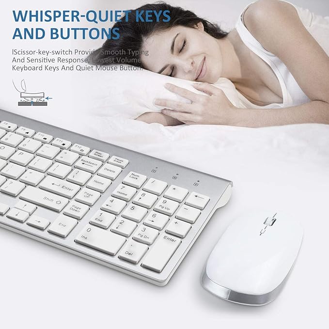 FENIFOX Keyboard and Mouse Wireless, USB 2.4GHz Combo Silent Quiet Low Profile Compact Full Size Flat Slim Thin Portable with Number Pad Soft Cover for PC Laptop Computer Office - White & Silver