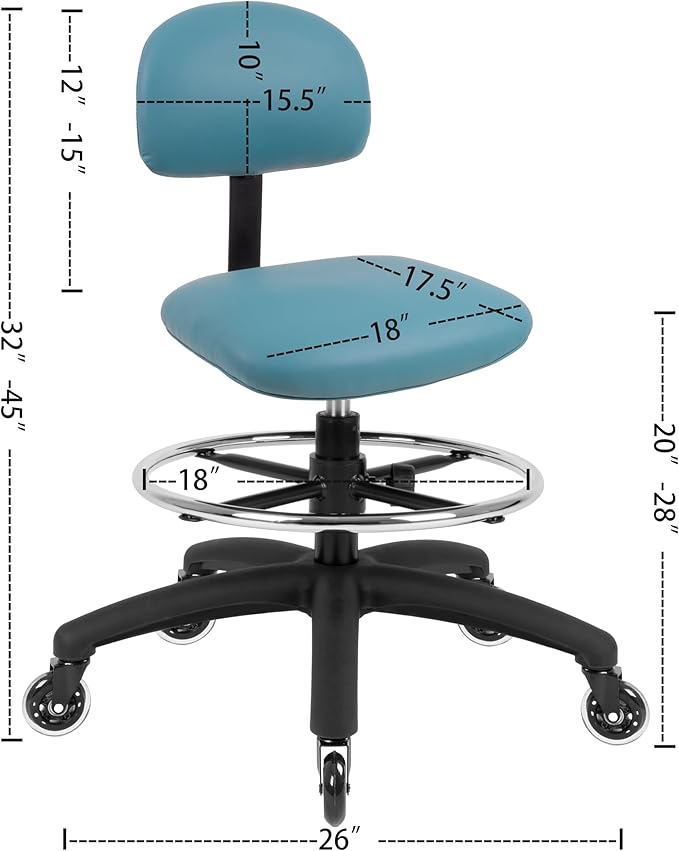 Chair Master FSS Series Square seat (20"-28") seat Height Chair. Vinyl-for Office, Garage, Desk, Shop, Computer, Doctor, Medical, Easy to Clean! 18" Footring (Aqua, Mid Stool, Rubber Roller Casters)