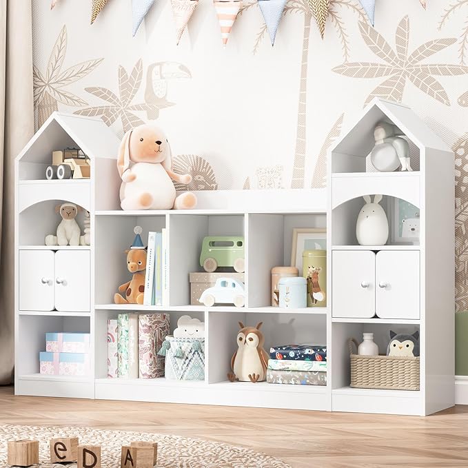Castle Shape Children's Bookshelf, Kids Bookcase Display Case Kids Toy Storage Organizer Multifunctional Storage Cabinet Bookshelf Suitable for Playroom, Children's Room, Living Room, White