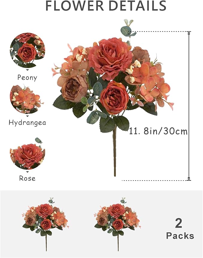 2 Packs Fall Orange Flowers Artificial for Decoration, Fake Peony Silk Rose Flowers Hydrangea Bouquet Fall Floral Arrangement for Table Centerpieces Home Living Room Decor (2, Fall Orange)
