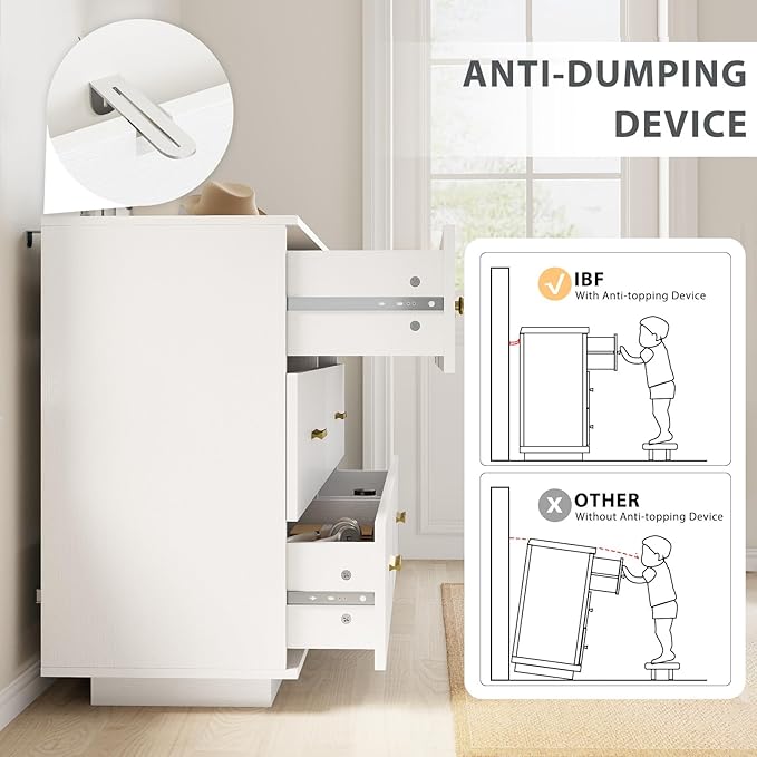 IBF Modern 6 Drawer Dresser for Bedroom, Fluted White and Gold Chest of Drawers for Kid Adult Closet, Large Wood Clothes Storage Dresser with Anti-Tipping Device for Living Room Hallway, White Oak