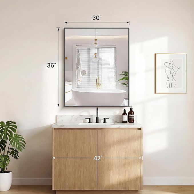 Sweetcrispy Bathroom Mirror for Over Sink, 30" x 36" Rectangle Wall Mount Mirrors with Metal Frame, Modern Vanity Mirror with Tempered Glass, for Home Decor, Anti-Rust, Black