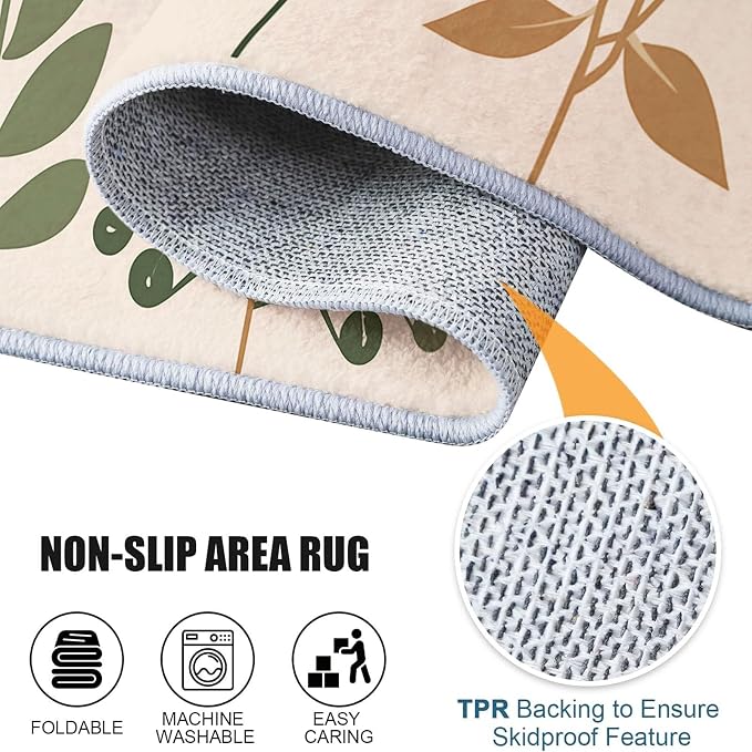 Area Rugs for Living Room, 5x7 Washable Rug Green Soft Low Pile Non-Slip Carpet Stain Resistant Carpets for Bedroom Dining Room Farmhouse Nursery, Retro Leaves Bohemian Plants