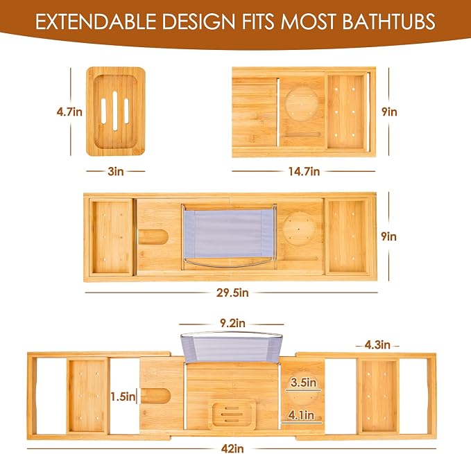 Foldable Bathtub Caddy Tray, Bamboo Bath Tub Tray Table for Tub with Wine Glass Holder Book Phone Tablet Holder with Extending Sides, Adjustable Bathroom Bathtub Free Soap Holder Gift Idea (Beige)