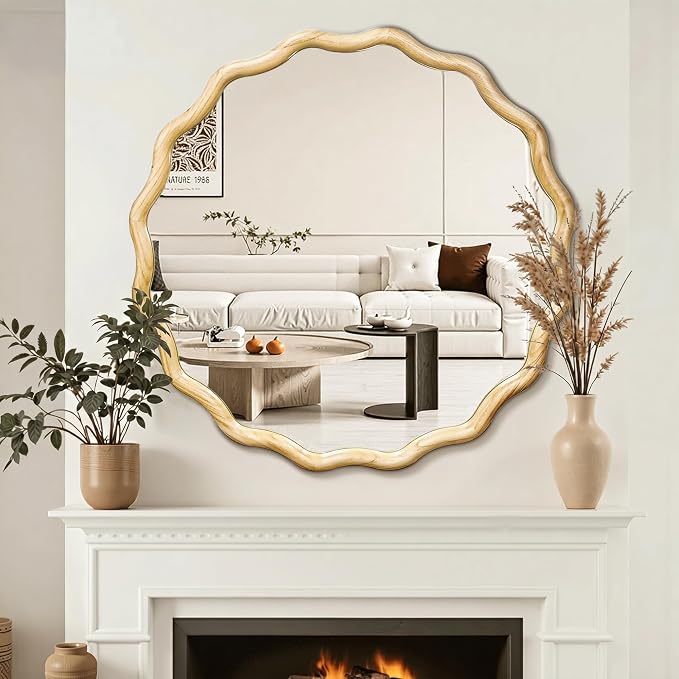 Circle Wood Mirrors for Wall, Wavy Round Bathroom Scalloped Mirror Wooden Frame 30 Inch for Living Room Farmhouse Bedroom Hallway Entryway Living Room with Shatterproof Glass Wall Mounted