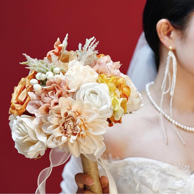 Wedding Bouquets for Bride Bridesmaid,Terracotta Burnt Orange Bouquet Artificial Fake Silk Roses Flowers Bridal Bouquet for Wedding Fall Boho Rustic Church Decoration Toss Bouquet (8.6in(M))