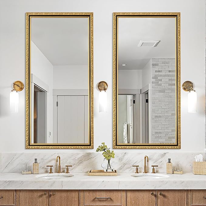Vintage Large Wall Mirror for Wall, 59'' x 29'' Gold Antiuqe Living Room Mirror with Black Gold Frame, Traditional Ornate Gold Wooden Mirrors, Horizontal/Vertical