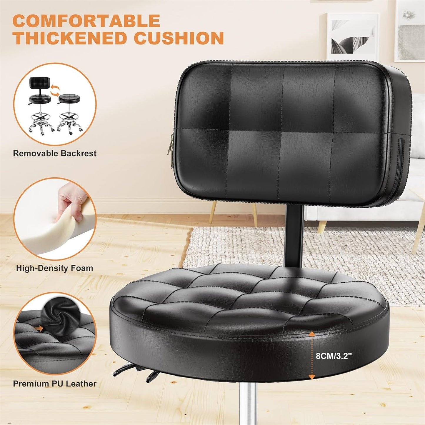 YJHome Rolling Stool - Adjustable Height Swivel Chair with Wheels | Heavy Duty 400lbs Capacity (Black)