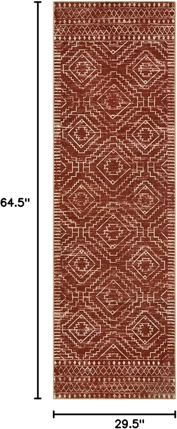 Wonnitar Moroccan 2'6"x8' Hallway Runner Rug, Washable Long Farmhouse Laundry Room Rug Runner, Non-Skid Boho Tribal Geometric Floor Carpet Runners for Kitchen Entrance Bathroom (Brown,2'6"x8')