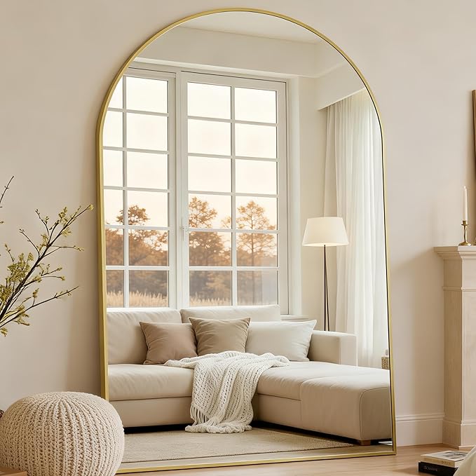 Dewfig Arched Full Length Mirror, 86"x46" Large Floor Mirror with Stand, Oversized Full Body Mirrors for Standing/Leaning/Hanging, Wall Mounted Mirrors for Bedroom, Living Room,Dressing Room, Gold