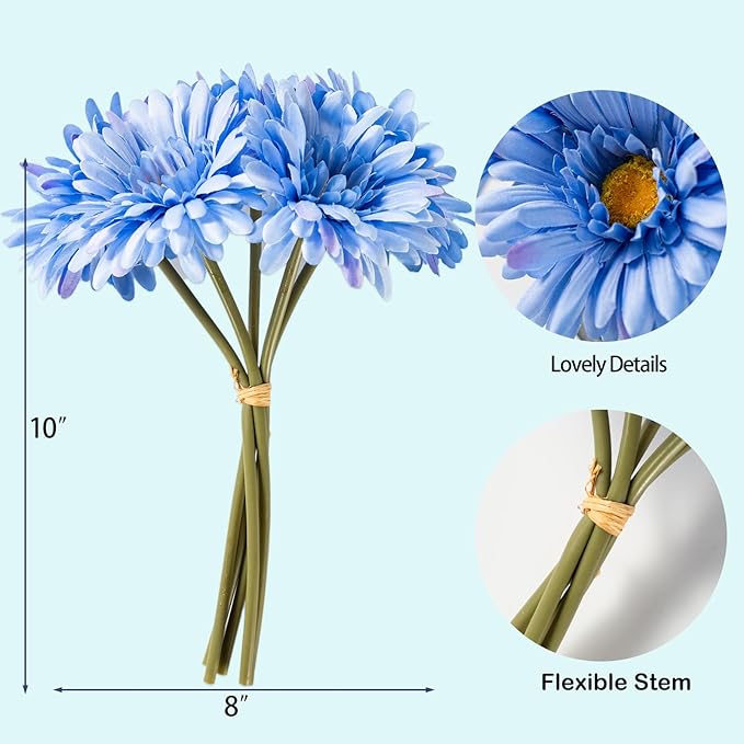 TOPIA Artificial African Daisies Flowers African Daisy Silk Flowers Artificial Gerbera Daisies Pack of 10 (Blue)