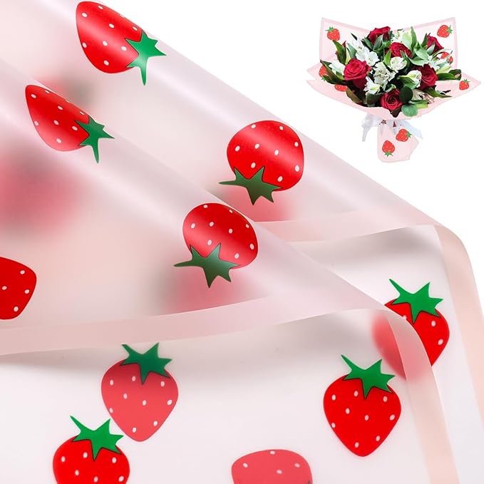 WRAPAHOLIC 20 Sheets Flower Wrapping Paper - 22.4 x 22.4 inch Pink Strawberry Water-Resistant Floral Bouquet Wrapping Paper, Florist Supplies Packaging for Graduation Ceremony Gift DIY