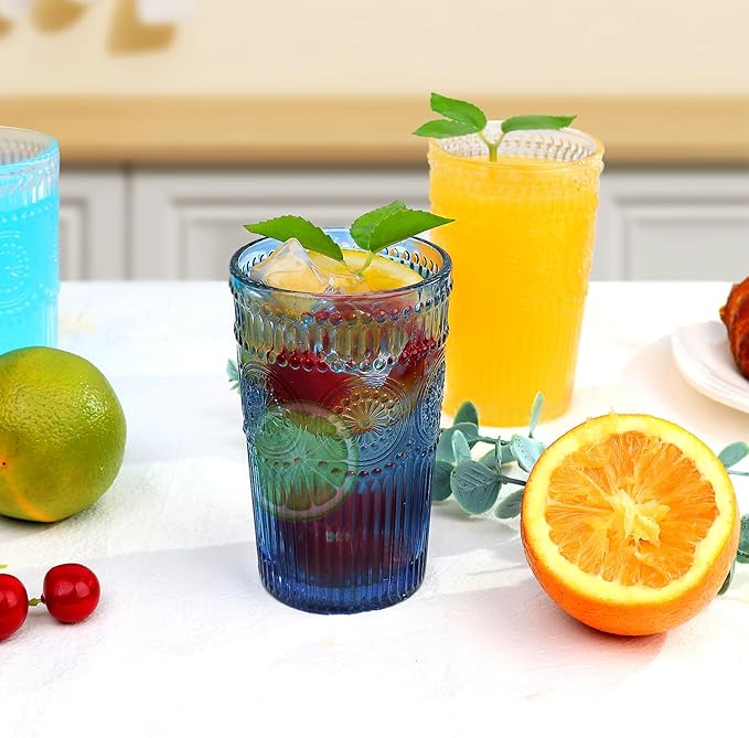 Loivttvv 6pcs Vintage Drinking Glasses Set, 12 oz Blue Highball Glasses, Embossed Ribbed Glassware Cups for Cocktail, Water, Juice, Coffee, Whiskey