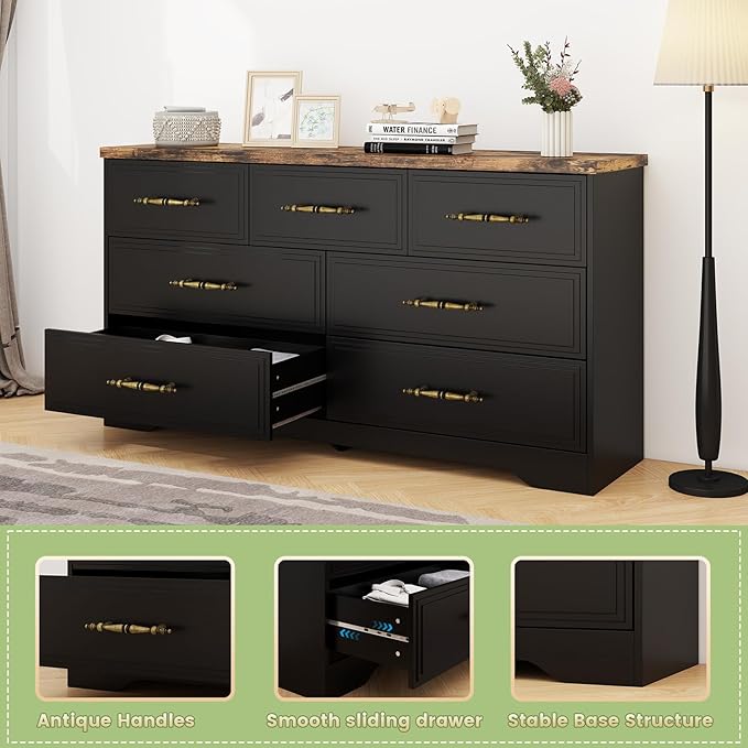 SIDUCAL Black Dresser for Bedroom, 7 Drawer Dresser with Vintage Handles, 59" Wide Wooden Vintage Dressers, TV Stand, Modern Dressers & Chests of Drawers for Hallyway, Entryway