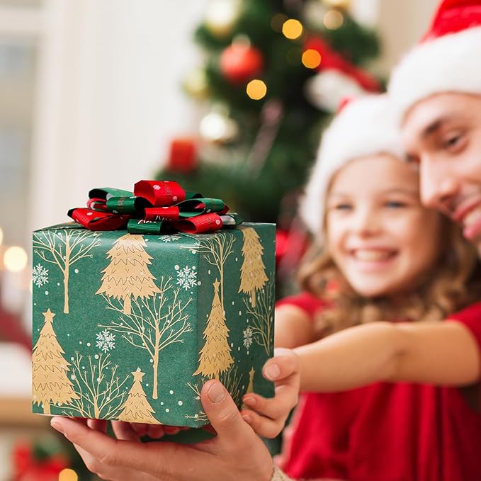 MAYPLUSS Green Kraft Christmas Wrapping Paper - 17Inch X 33Feet - Recyclable Festival Holiday Winter Woodland Matte Green Christmas Tree Kraft Gift Wrap Paper for Holiday, Party Decor, Celebration