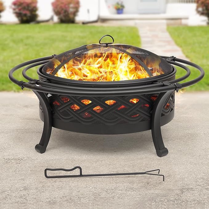 Panovue 36 Inch Fire Pit with 2 Loops,Crossweave Wood Burning Fire Pits for Outside,with Spark Screen,Fire Poker,Round Outdoor Firepit for Patio,Yard,Garden,Camping,Bonfire(36''Black)
