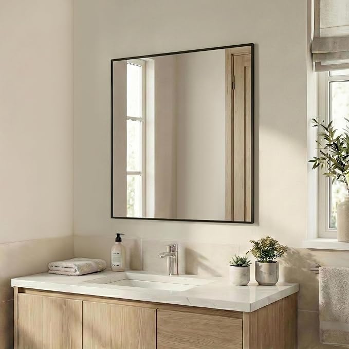 30"x30" Square Black Bathroom Mirror, Shatterproof Tempered Glass, Geometric Narrow Metal Frame Vanity Mirror, Ultra-Flush Wall-Mounted