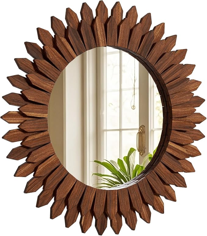 28 Inch Walnut Boho Wall Decor Sunburst Mirror - Round Wooden Wall Decor, Handmade Rustic Circular Mirror for Living Room, Bedroom, Entryway, Office