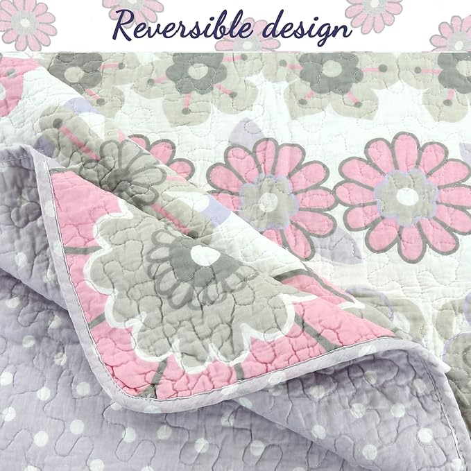 Cozy Line Home Fashions Whimsical Purple Lavender Pink Floral 100% Cotton Girls Reversible Quilt Bedding Set, Bedspread, Coverlet (Lilac Bloom, Twin - 2 Piece)